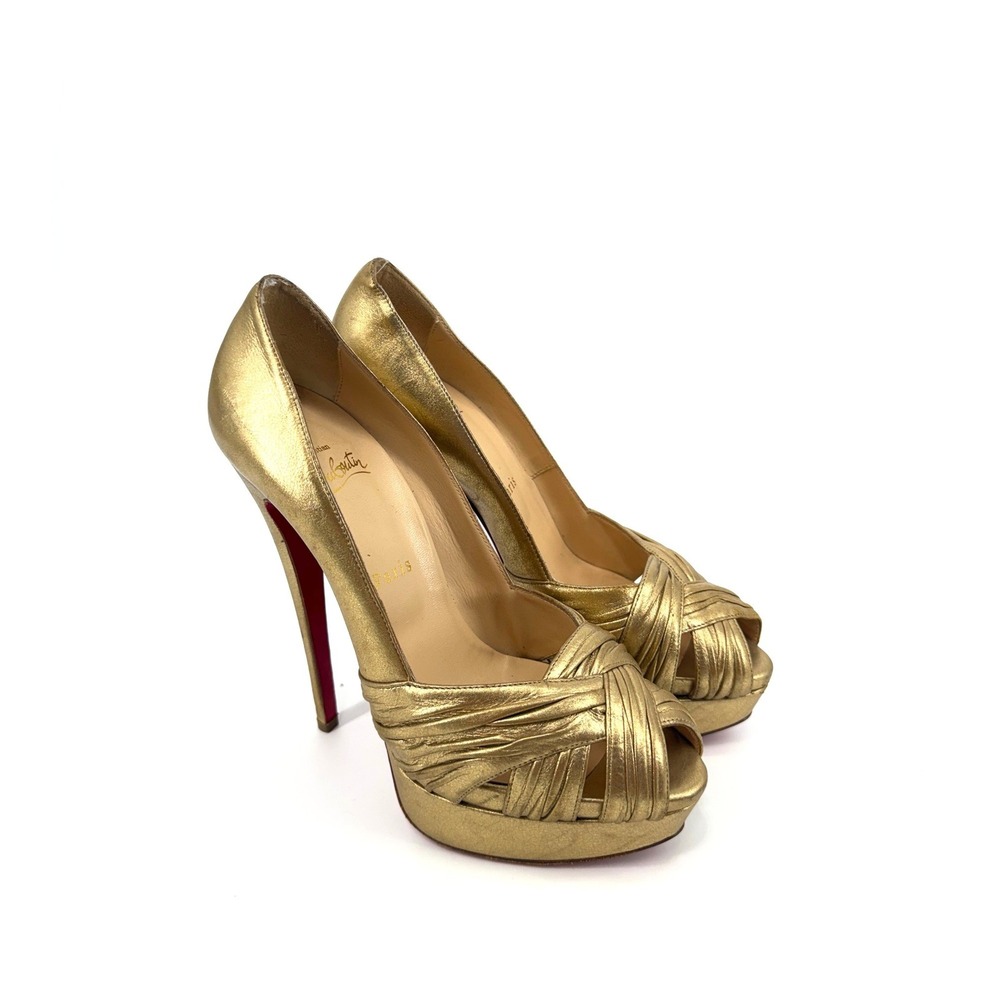 Christian Louboutin Aborina 150 Gold Leather Platform Peep Toe Pump Heel 39